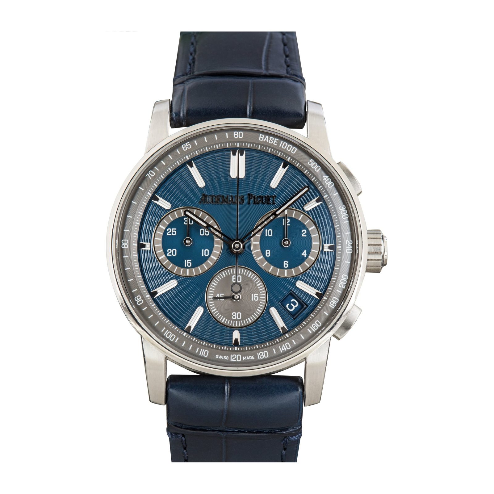 Audemars Piguet Code 11.59 Chronograph in stainless steel with blue Bleu Nuit dial and navy alligator strap