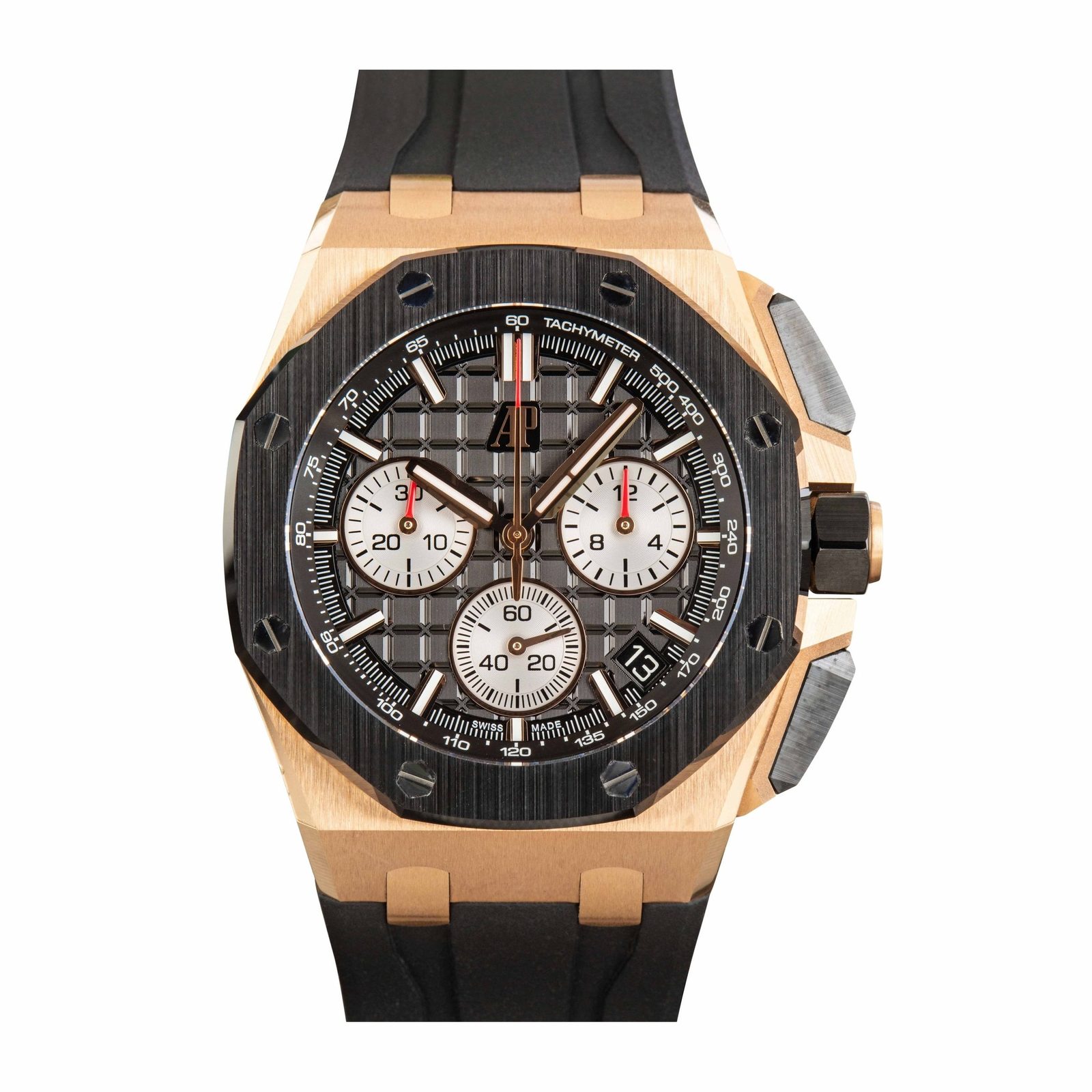 Audemars Piguet Royal Oak Offshore Chronograph 43mm in rose gold with black ceramic bezel and black Mega Tapisserie dial