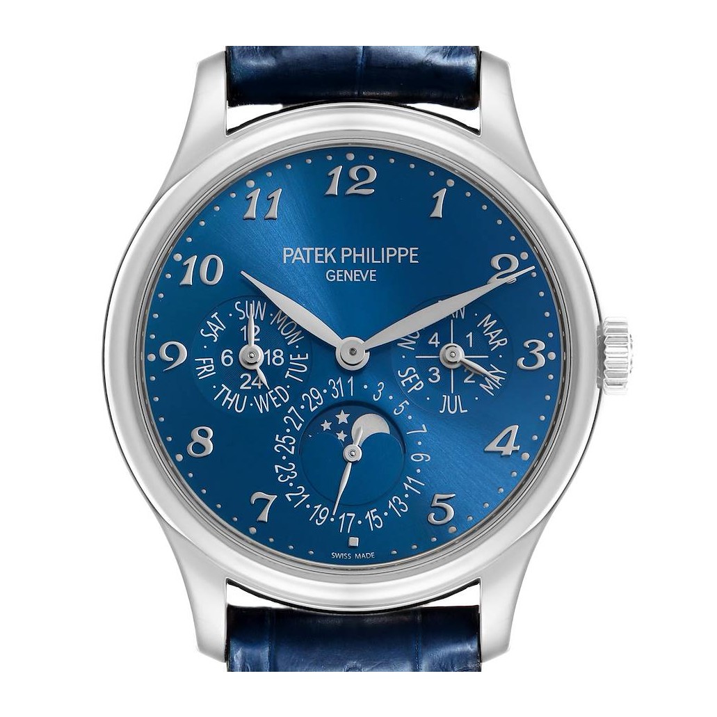 Patek Philippe Grand Complications 5327G-001 Perpetual Calendar in white gold with blue dial, front facing studio photo