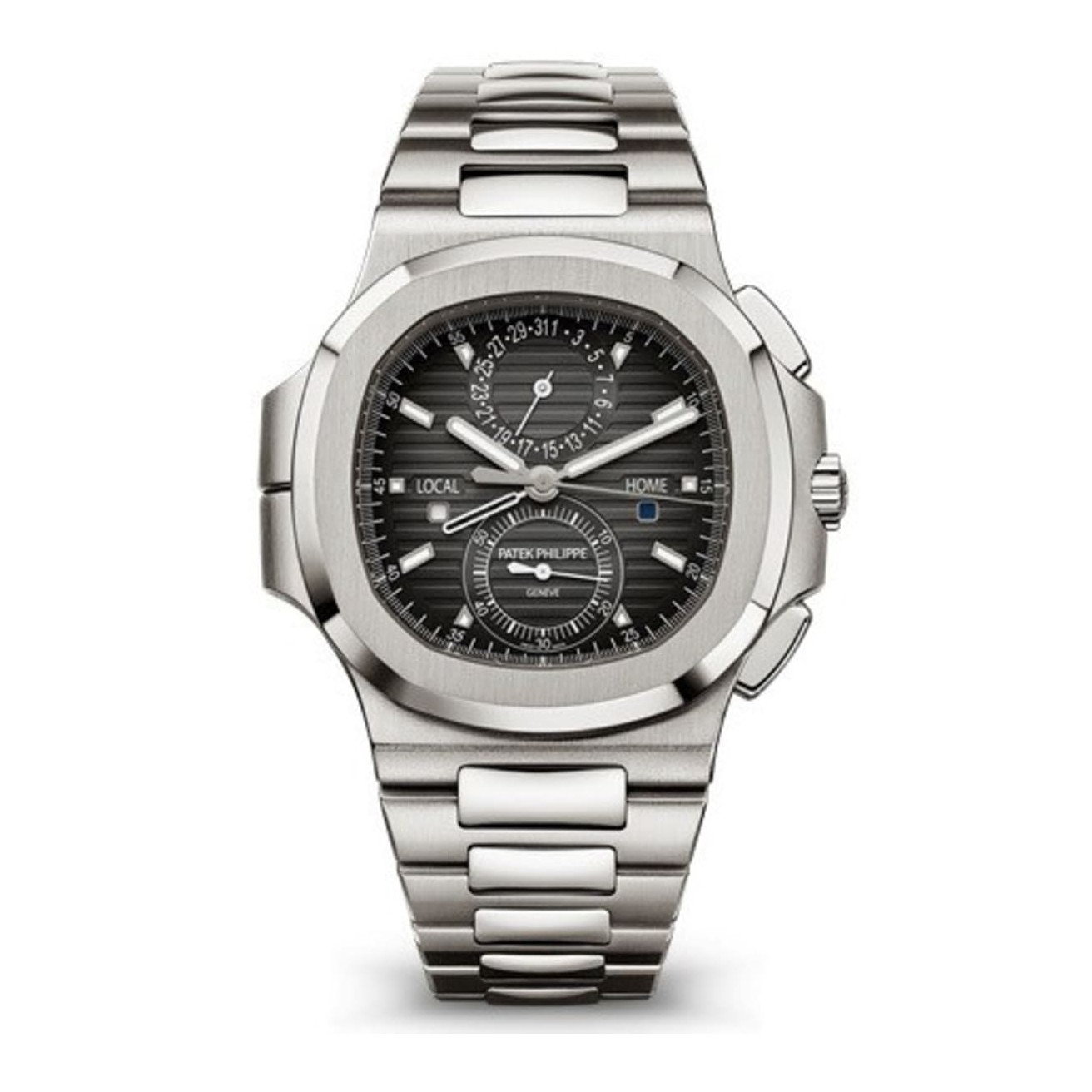 Patek Philippe Nautilus 5990/1A-001 Travel Time Chronograph in stainless steel, front facing studio photo