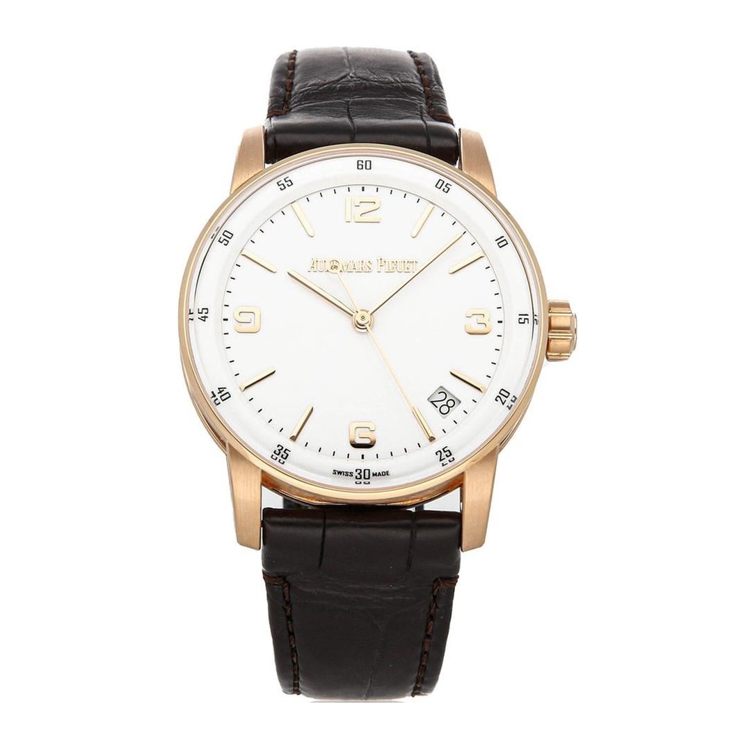 Audemars Piguet Code 11.59 Selfwinding in pink gold with white lacquered dial and brown alligator strap