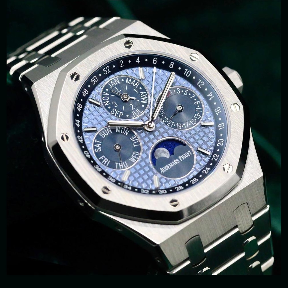 Audemars Piguet Royal Oak Perpetual Calendar in stainless steel with ice blue dial and moon phase