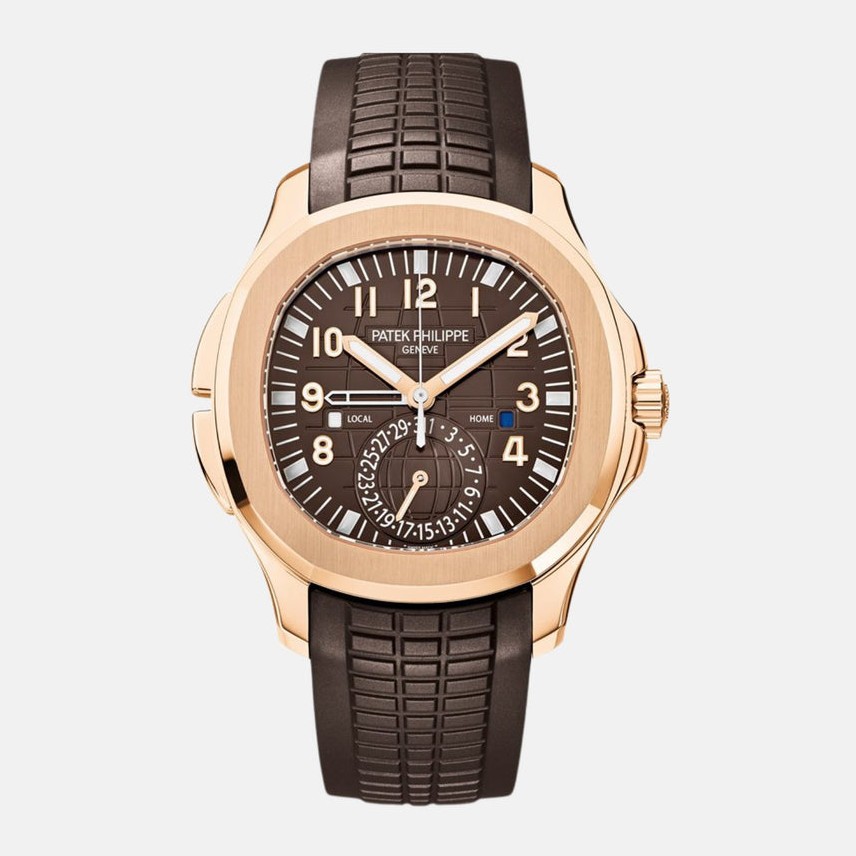 Patek Philippe Aquanaut Travel Time 5164R-001 in rose gold with brown embossed strap