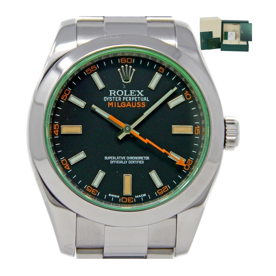 Rolex Milgauss in Oystersteel with black dial, green tinted crystal, and orange lightning bolt seconds hand, reference 116400GV