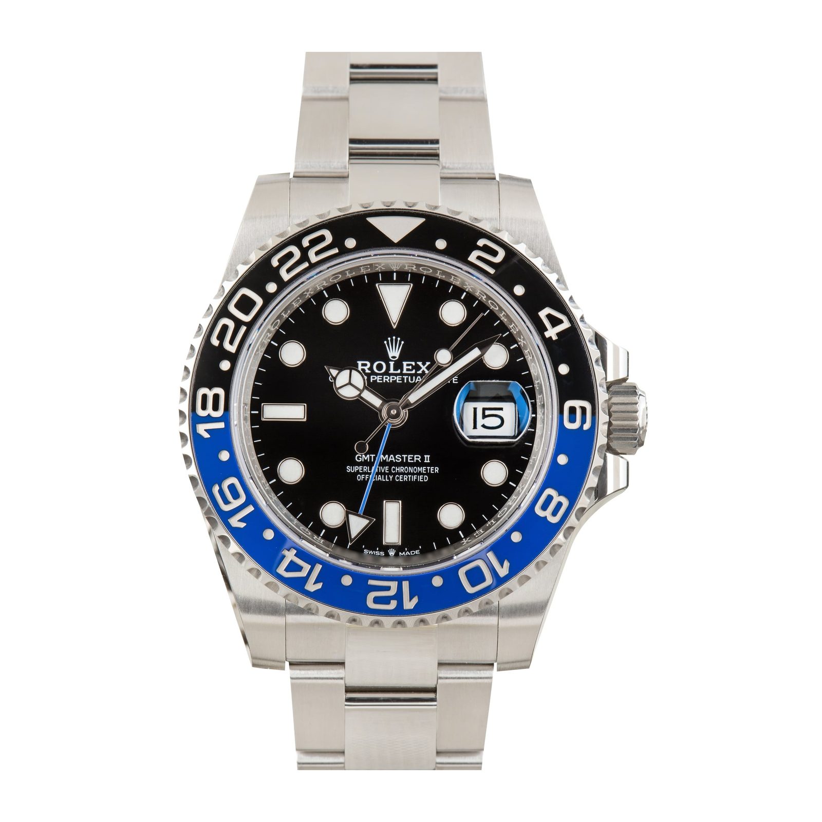 Rolex GMT-Master II Batman in Oystersteel with black and blue Cerachrom bezel and Oyster bracelet